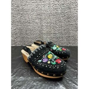 NWOT Mou Floral Embroidered Suede Studded Slip On Clogs Black Womens‎ Size 39 EU